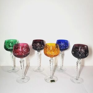 Lot of 6 Lausitzer LA15 Cut to Clear Hock Wine Glasses Multicolor 8" Germany